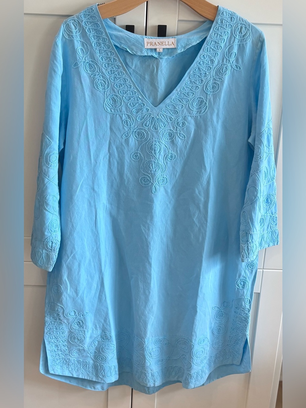 PRANELLA LARGE BEACH COVERUP, DRESS BLUE W/ EMBROIDERED DETAILS GORGEOUS!